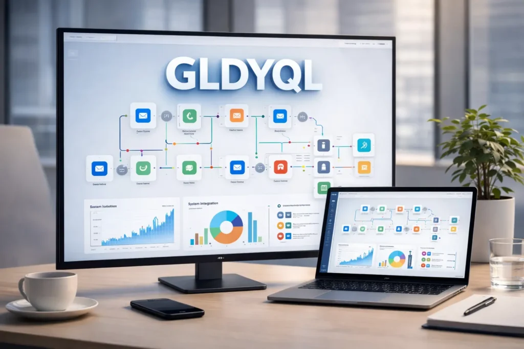 GLDYQL digital workflow framework dashboard showing automation flows, system integrations, and analytics