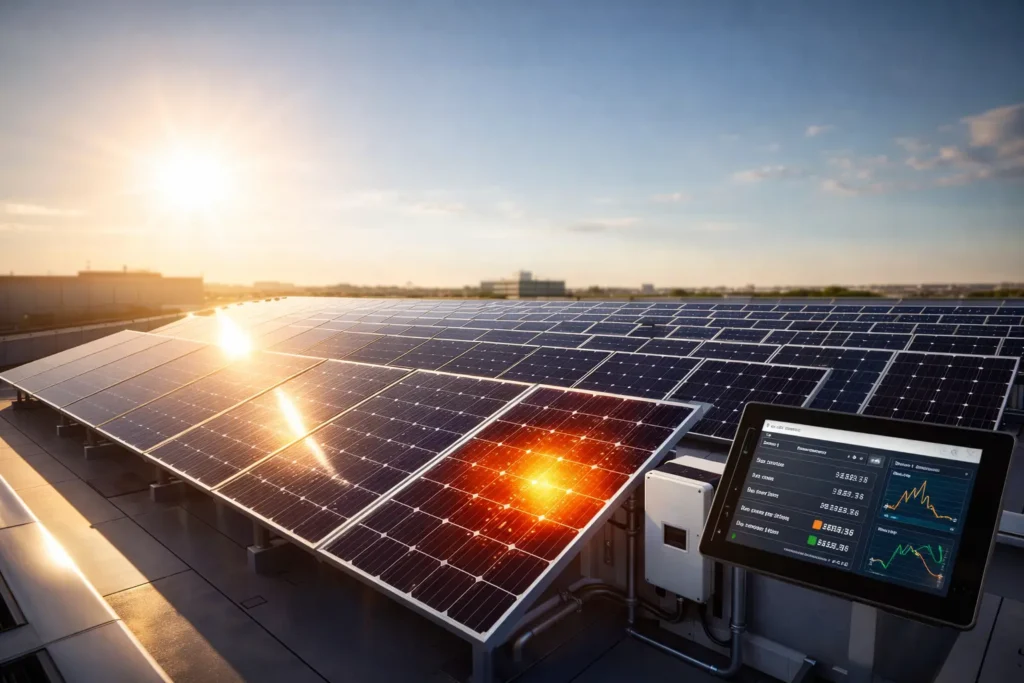 HMS Photovoltaik smart solar panel system installed on rooftop with inverter and real-time energy monitoring dashboard