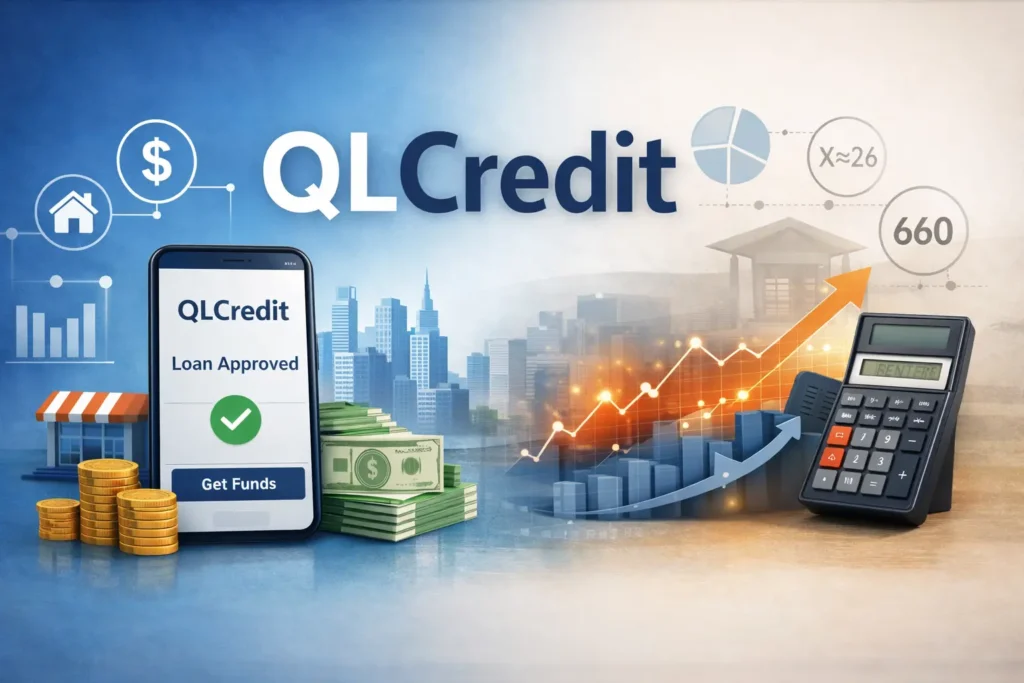 QLCredit digital lending platform dashboard showing online loan approval and credit analytics on laptop and smartphone