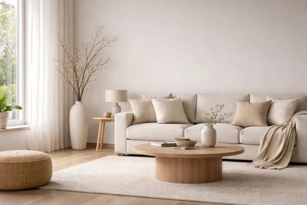 Minimalist living room styled with pyntekvister decorative branches in ceramic vase