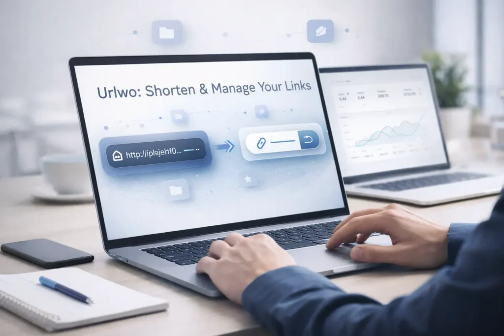 Urlwo Guide: Shorten, Organize, and Share Links Easily Professional image showing a digital marketer using Urlwo to shorten, organize, and manage web links